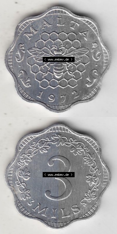 Bildmaterial Münzensatz / KMS 1972 aus Malta 1972-2006, 3 Mils 1972 (Stück 1), MALTA 3 MILS. Vorderseite und Rückseite als... Sammlung