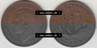 Alte Münzen Großbritannien Umlaufmünze 1949-1952, Half Penny, 1952 (Stück 1), George VI, HALF PENNY HP, Segelschiff. Vorderseite... Sammlung