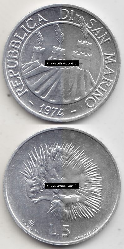 Bildmaterial Münzensatz / KMS 1974 aus San Marino 1974-1974, 5 Lire, L.5 MINGUZZI MONASSI INC.. Vorderseite und Rückseite als... Sammlung