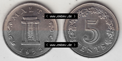 Bildmaterial Münzensatz / KMS 1972 aus Malta 1972-1981, 5 Cent 1972 (Stück 1), MALTA 5 CENTS. Vorderseite und Rückseite als... Sammlung