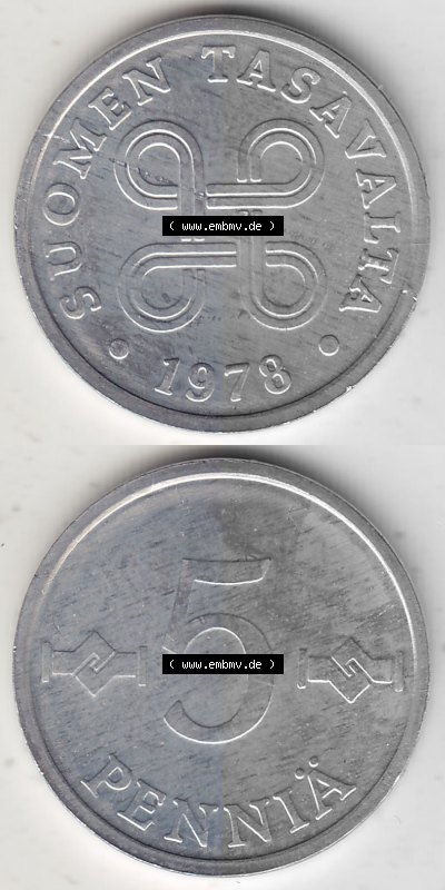 Alte Münzen KMS Finnland, Kursmünzensatz 1978 in Stempelglanz 1977-1990, 5 Penny, 1978 (Stück 1). Digitales Bild / Bildmaterial... Sammlung