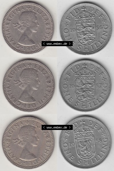 Alte Münzen Großbritannien Umlaufmünze One Shilling, 1 Schilling 1956, 1957, 1958. Ein Satz alter Münzen aus Großbritannien... Sammlung