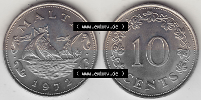 Bildmaterial Münzensatz / KMS 1972 aus Malta 1972-1981, 10 Cent 1972 (Stück 1), MALTA 10 CENTS. Vorderseite und Rückseite als... Sammlung
