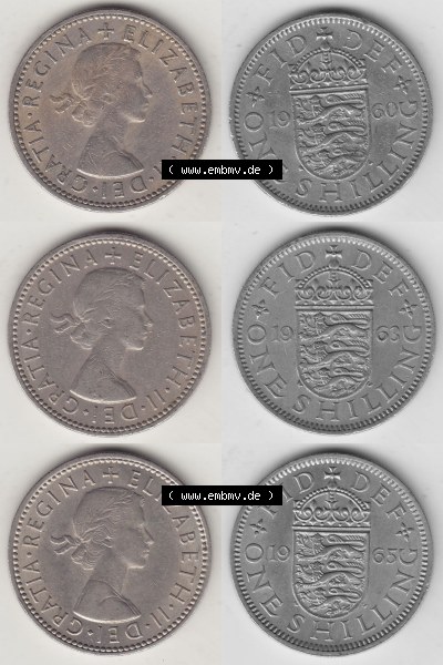 Alte Münzen Großbritannien Umlaufmünze One Shilling, 1 Schilling 1960, 1963, 1965. Ein Satz alter Münzen aus Großbritannien... Sammlung