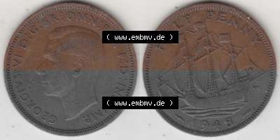 Alte Münzen Großbritannien Umlaufmünze 1937-1948, Half Penny, 1948 (Stück 1), George VI, HALF PENNY HP, Segelschiff. Vorderseite... Sammlung