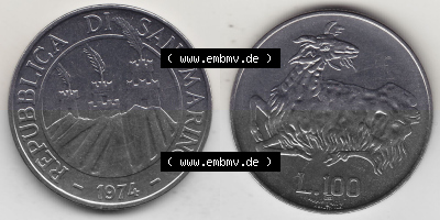 Bildmaterial Münzensatz / KMS 1974 aus San Marino 1974-1974, 100 Lire, L.100 MINGUZZI MONASSI INC.. Vorderseite und Rückseite... Sammlung