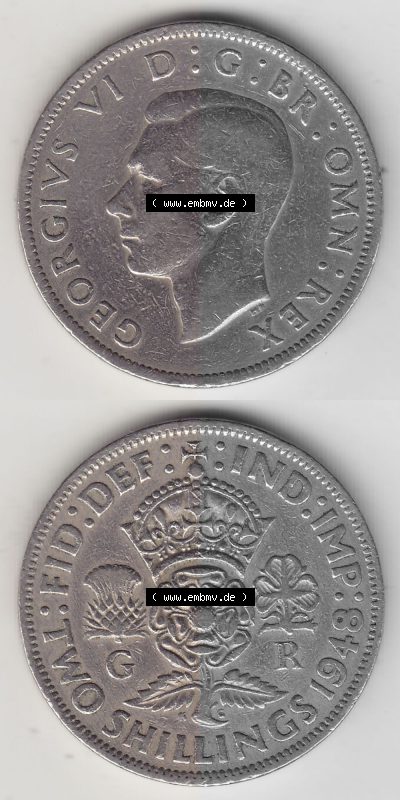 Alte Münzen Großbritannien Umlaufmünze 1947-1948, 2 Schilling-Florin, Two Shillings, 1948 (Stück 5), George VI, GEORGIVS VI... Sammlung