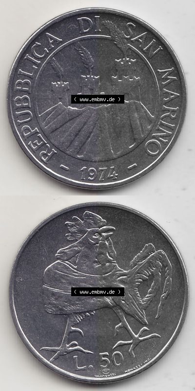 Bildmaterial Münzensatz / KMS 1974 aus San Marino 1974-1974, 50 Lire, L.50 MINGUZZI MONASSI INC.. Vorderseite und Rückseite... Sammlung