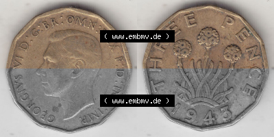Alte Münzen Großbritannien Umlaufmünze 1937-1948, 3 Pence, Three Pence 1943 (Stück 4), George VI, GEORGIVS VI D G BR OMN REX... Sammlung
