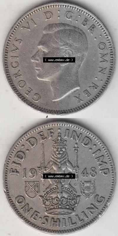 Alte Münzen Großbritannien Umlaufmünze 1949-1951, 1 One Schilling - Shilling, 1948 (Stück 6) Stehender Löwe auf Krone. Vorderseite... Sammlung