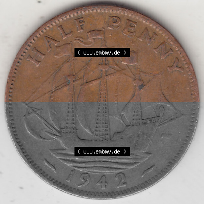 Alte Münzen Großbritannien Umlaufmünze 1937-1948, Half Penny, 1942 (Stück 2), George VI, HALF PENNY HP, Segelschiff. Rückseite... Sammlung