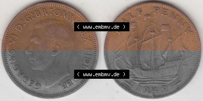 Alte Münzen Großbritannien Umlaufmünze 1949-1952, Half Penny, 1949 (Stück 1), George VI, HALF PENNY HP, Segelschiff. Vorderseite... Sammlung
