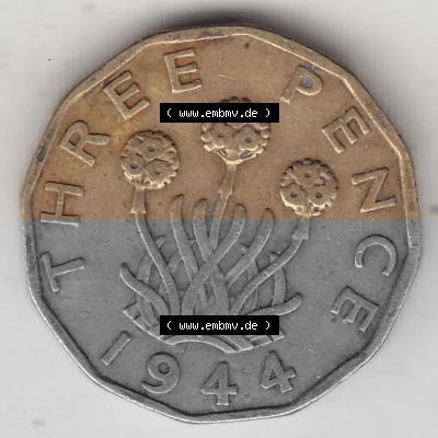 Alte Münzen Großbritannien Umlaufmünze 1937-1948, 3 Pence, Three Pence 1944 (Stück 1), George VI, GEORGIVS VI D G BR OMN REX... Sammlung