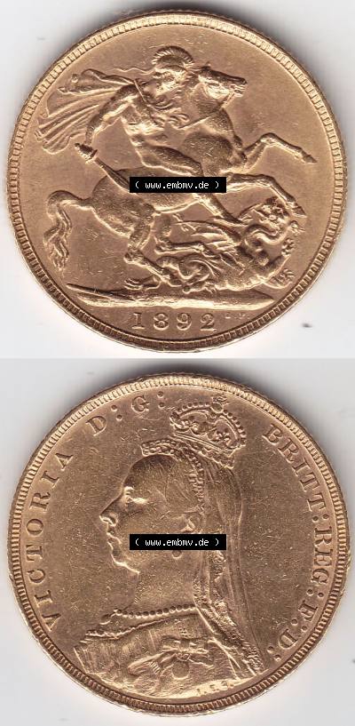 Alte Goldmünzen Großbritannien Gold-Münze 1887-1892, 1 Pfund Sovereign 1892. Vorderseite und Rückseite horizontal auf einen... Sammlung