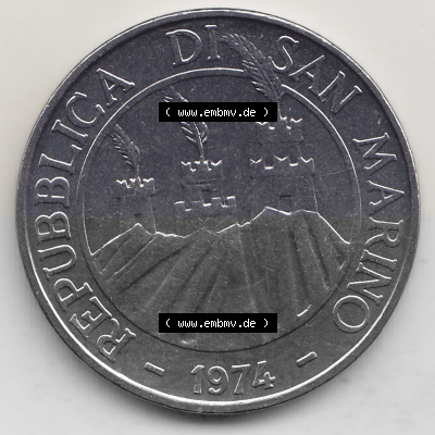 Bildmaterial Münzensatz / KMS 1974 aus San Marino 1974-1974, 100 Lire, L.100 MINGUZZI MONASSI INC.. Vorderseite einer Umlaufmünze... Sammlung