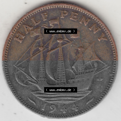 Alte Münzen Großbritannien Umlaufmünze 1937-1948, Half Penny, 1944 (Stück 1), George VI, HALF PENNY HP, Segelschiff. Rückseite... Sammlung