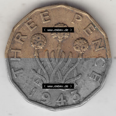 Alte Münzen Großbritannien Umlaufmünze 1937-1948, 3 Pence, Three Pence 1943 (Stück 4), George VI, GEORGIVS VI D G BR OMN REX... Sammlung