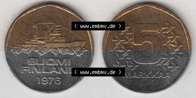 Alte Münzen KMS Finnland, Kursmünzensatz 1976 in Stempelglanz 1972-1978, 5 Finnische Mark, Markkaa 1976 (Stück 1), SUOMI FINLAND.... Sammlung