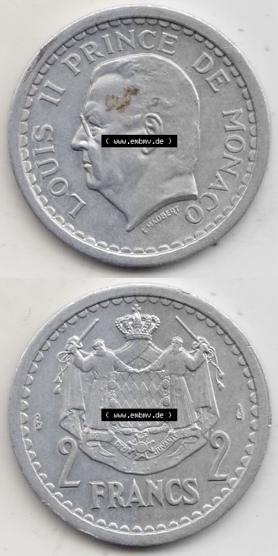 Alte Münzen Monaco Umlaufmünze Vollansicht 1943-1943, 2 Franken 1943 (Stück 2), in Aluminium, LOUIS II PRINCE DE MONACO, 2... Sammlung