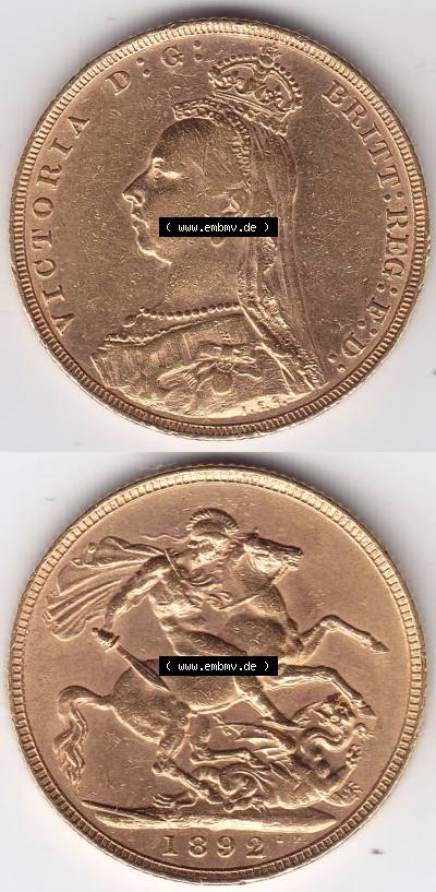 Alte Goldmünzen Großbritannien Gold-Münze 1887-1892, 1 Pfund Sovereign 1892. Vorderseite und Rückseite vertikal untereinander... Sammlung