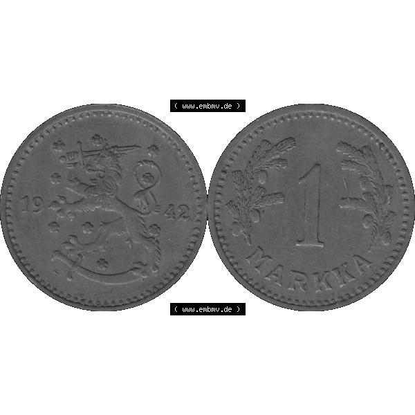 Grau bzw. s/w Alte Münzen KMS Finnland, Kursmünzensatz Finnland in transparenten digitalen PNG-Format 1940-1951, 1 finnische Mark, Markka, Kupfer 1942-1. Die digitalisierte Münze... Sammlung Graustufen