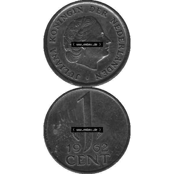 Grau bzw. s/w Alte Münze der Niederlande 1951-1975, in PNG digitalisiert 1950-1980, 1 Cent Königin Juliana 1962-01. Vorderseite und Rückseite vertikal auf einen digitalen Bild der alten... Sammlung Graustufen