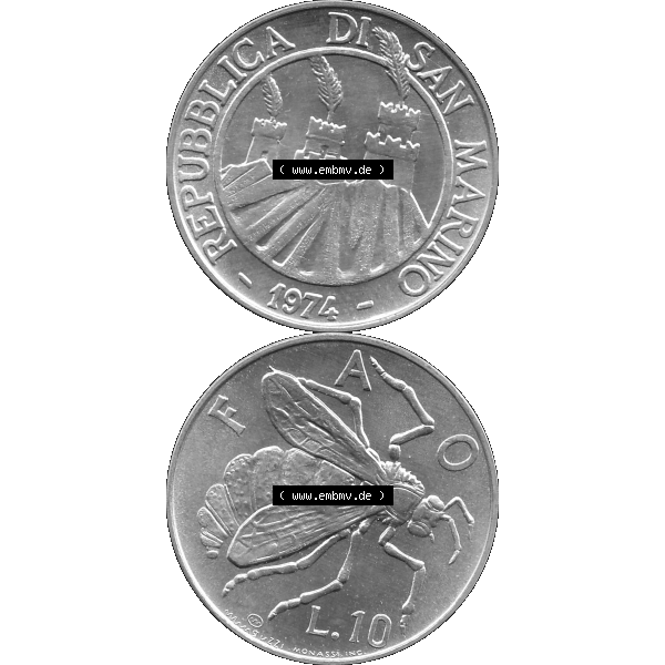 Grau bzw. s/w Bildmaterial Münzensatz / KMS 1974 aus San Marino in Graustufen 1974-1974, 10 Lire, L.10 MINGUZZI MONASSI INC. Graustufen. PNG Computer-Grafik in Graustufen-PNG... Sammlung Graustufen