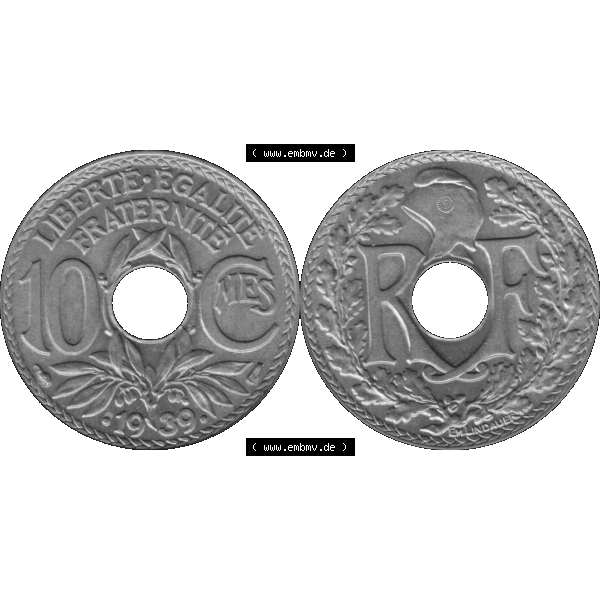 Grau bzw. s/w Münzen Frankreich Umlaufmünze in PNG einer Münze aus Frankreich 1938-1939, 10 Centimes, Cent 1939-01. Vorderseite und Rückseite horizontal auf einen digitalen Bild... Sammlung Graustufen
