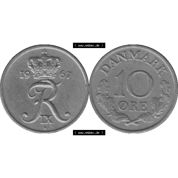 Grau bzw. s/w Alte Münze aus Dänemark als PNG-Grafik 1960-1972, 10 Öre 1967-01. Vorderseite und Rückseite horizontal auf einen digitalen Bild der alten dänischen Umlaufmünze... Sammlung Graustufen