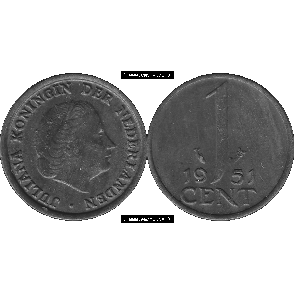 Grau bzw. s/w Alte Münze der Niederlande 1951-1975, in PNG digitalisiert 1950-1980, 1 Cent Königin Juliana 1951-01. Vorderseite und Rückseite horizontal auf einen digitalen Bild der... Sammlung Graustufen