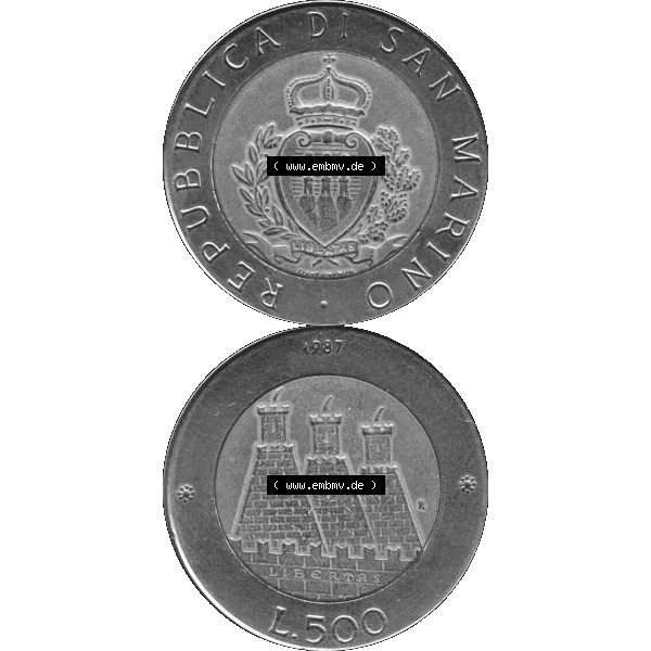 Grau bzw. s/w Gedenkmünzen aus San Marino, in PNG 1987-1987, 500 Lire 15. Jahrestag - Wiederaufnahme der Münzenprägung 1987-01. Vorderseite und Rückseite vertikal auf einen... Sammlung Graustufen