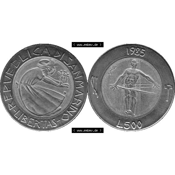Grau bzw. s/w Gedenkmünzen aus San Marino, in PNG 1985-1985, 500 Lire Drogenkrieg 1985-01. Vorderseite und Rückseite horizontal auf einen digitalen Bild der alten Gedenkmünze aus San... Sammlung Graustufen