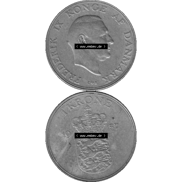 Grau bzw. s/w Alte Münze aus Dänemark als PNG-Grafik 1947-1960, 1 Krone 1957-01 Kursmünze. Vorderseite und Rückseite vertikal auf einen digitalen Bild der alten dänischen Umlaufmünze... Sammlung Graustufen