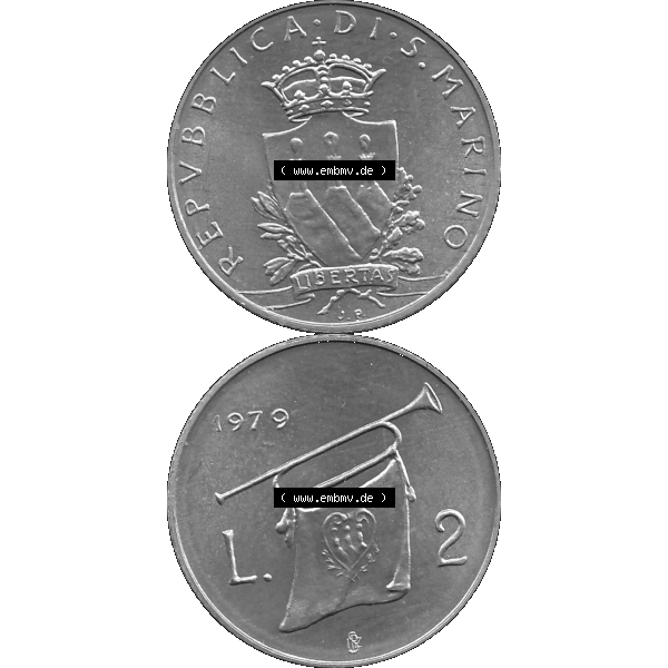 Grau bzw. s/w Bildmaterial Münzensatz / KMS 1979 aus San Marino im PNG-Format 1979-1979, 2 Lire, J. V. LIBERTAS REPVBBLICA DI S. MARINO, 1979 L.2. Vorderseite... Sammlung Graustufen