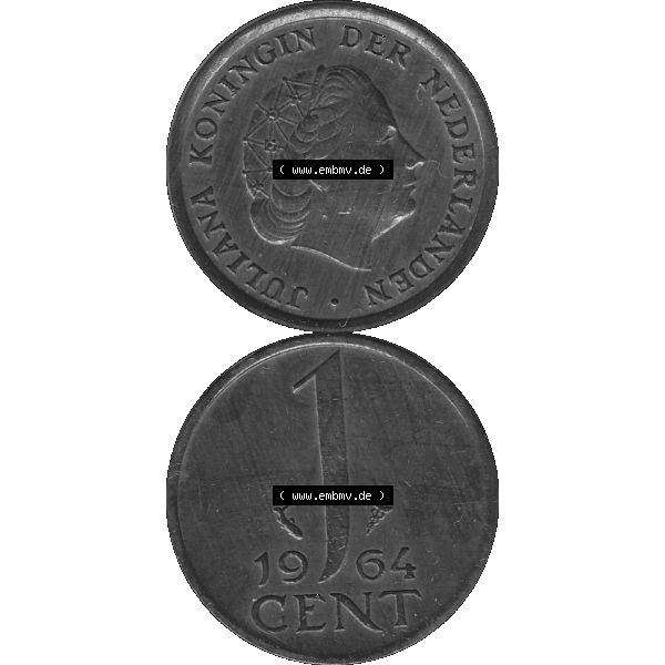 Grau bzw. s/w Alte Münze der Niederlande 1951-1975, in PNG digitalisiert 1950-1980, 1 Cent Königin Juliana 1964-02. Vorderseite und Rückseite vertikal auf einen digitalen Bild der alten... Sammlung Graustufen
