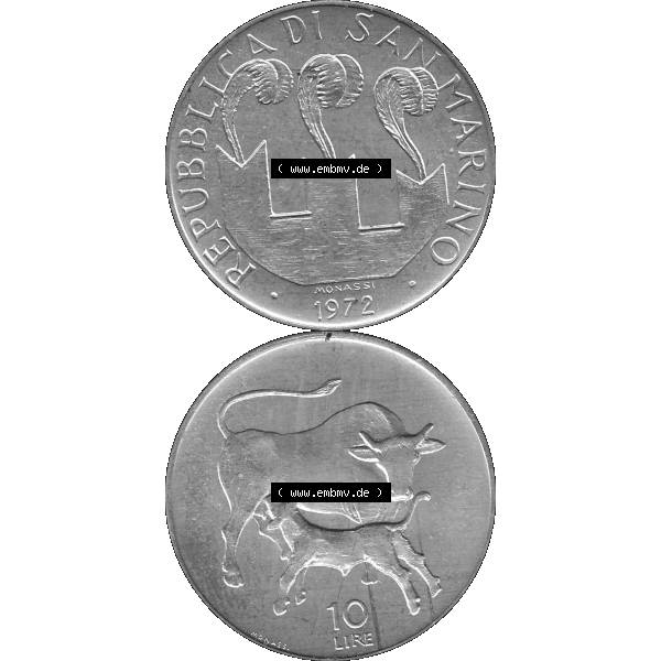 Grau bzw. s/w Bildmaterial Münzensatz / KMS 1972 aus San Marino in Graustufen 1972-1972, 10 Lire 1972, MONASSI REPUBBLICA DI SAN MARINO, 10 LIRE Graustufen. PNG Computer-Grafik in Graustufen-PNG... Sammlung Graustufen