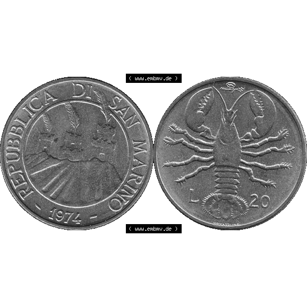 Grau bzw. s/w Bildmaterial Münzensatz / KMS 1974 aus San Marino Münze 1974-1974 als transparente PNG-Grafik, 20 Lire, L.20 MINGUZZI MONASSI INC.. Die digitalisierte Münze... Sammlung Graustufen