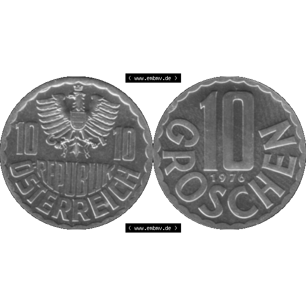 Grau bzw. s/w Alte Münze aus Österreich, in PNG digitalisiert 1951-2001, 10 Groschen 1976-01. Vorderseite und Rückseite horizontal auf einen digitalen Bild der alten österreichischen... Sammlung Graustufen