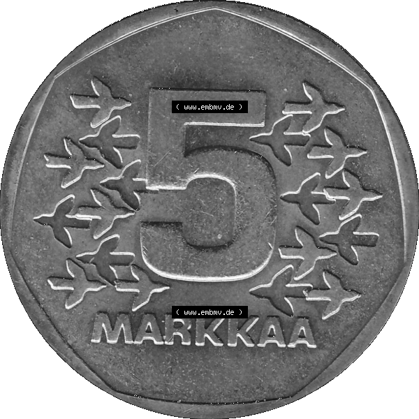 Grau bzw. s/w Alte Münzen KMS Finnland, Kursmünzensatz 1978 in Stempelglanz als digitales Computerbild einer finnischen digitalisierten Münze in transparenten PNG 1972-1978, 5 finnische Mark,... Sammlung Graustufen