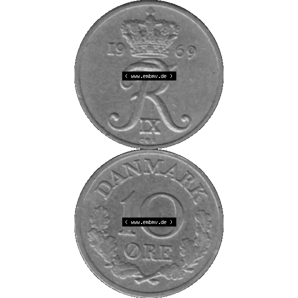 Grau bzw. s/w Alte Münze aus Dänemark als PNG-Grafik 1960-1972, 10 Öre 1969-01. Vorderseite und Rückseite vertikal auf einen digitalen Bild der alten dänischen Umlaufmünze... Sammlung Graustufen