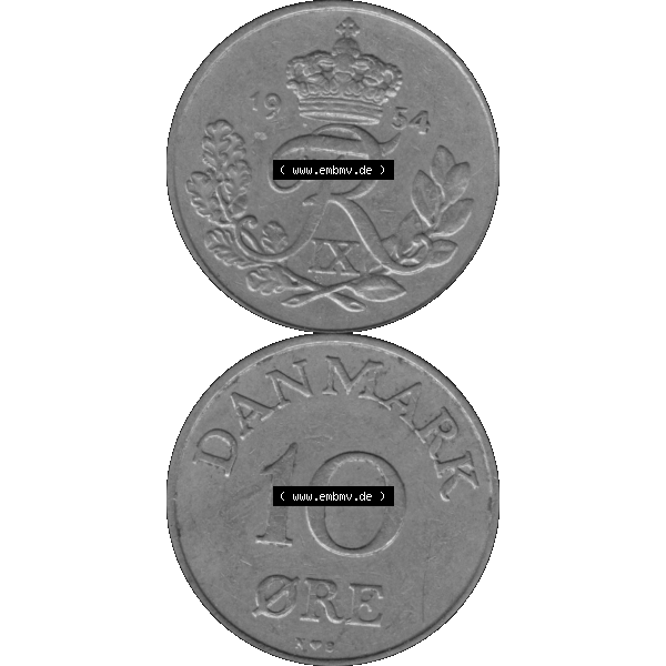 Grau bzw. s/w Alte Münze aus Dänemark als PNG-Grafik 1948-1960, 10 Öre 1954-01. Vorderseite und Rückseite vertikal auf einen digitalen Bild der alten dänischen Umlaufmünze... Sammlung Graustufen