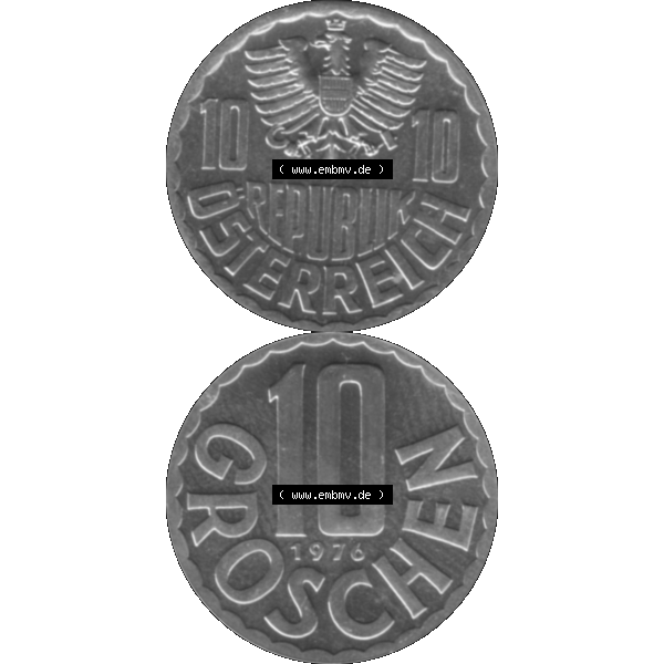 Grau bzw. s/w Alte Münze aus Österreich, in PNG digitalisiert 1951-2001, 10 Groschen 1976-01. Vorderseite und Rückseite vertikal auf einen digitalen Bild der alten österreichischen... Sammlung Graustufen