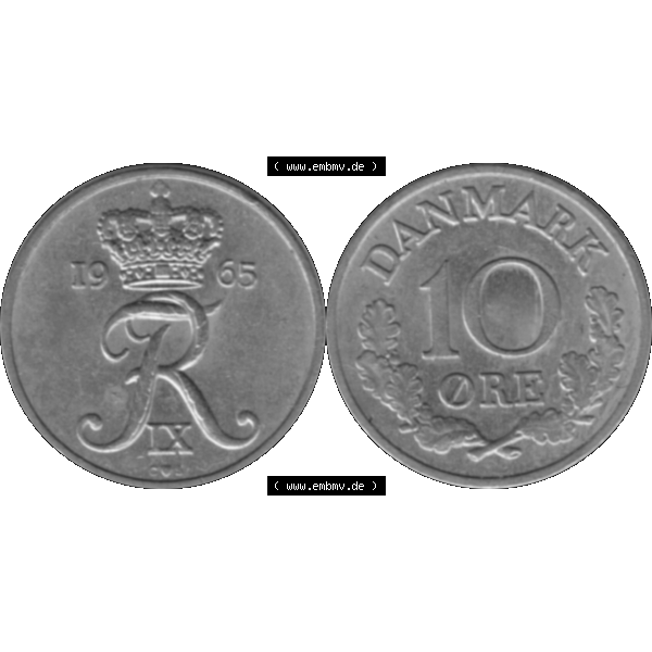 Grau bzw. s/w Alte Münze aus Dänemark als PNG-Grafik 1960-1972, 10 Öre 1965-01. Vorderseite und Rückseite horizontal auf einen digitalen Bild der alten dänischen Umlaufmünze... Sammlung Graustufen