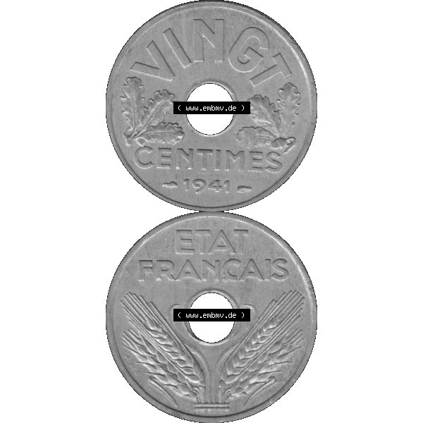 Grau bzw. s/w Münzen Frankreich Umlaufmünze in PNG einer Münze aus Frankreich 1941-1941, VINGT 20 Centimes, Cent-01. Vorderseite und Rückseite vertikal auf einen digitalen Bild... Sammlung Graustufen