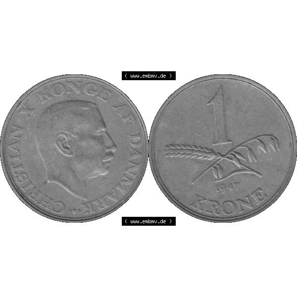 Grau bzw. s/w Alte Münze aus Dänemark als PNG-Grafik 1942-1947, 1 Krone 1947-01 Kursmünze. Vorderseite und Rückseite horizontal auf einen digitalen Bild der alten dänischen Umlaufmünze... Sammlung Graustufen