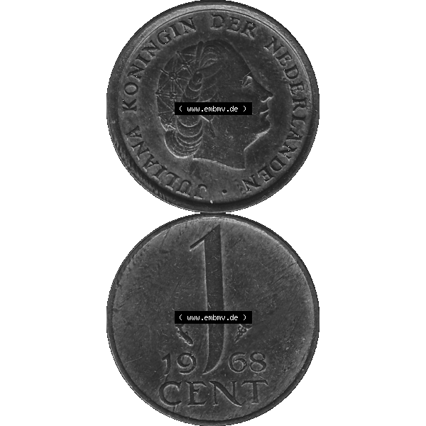 Grau bzw. s/w Alte Münze der Niederlande 1951-1975, in PNG digitalisiert 1950-1980, 1 Cent Königin Juliana 1968-01. Vorderseite und Rückseite vertikal auf einen digitalen Bild der alten... Sammlung Graustufen