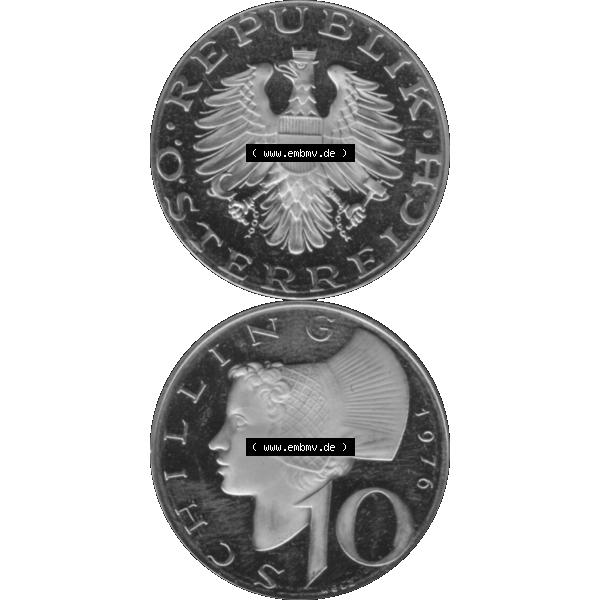 Grau bzw. s/w Alte Münze aus Österreich, in PNG digitalisiert 1974-2001, 10 Schilling 1976-01. Vorderseite und Rückseite vertikal auf einen digitalen Bild der alten österreichischen... Sammlung Graustufen