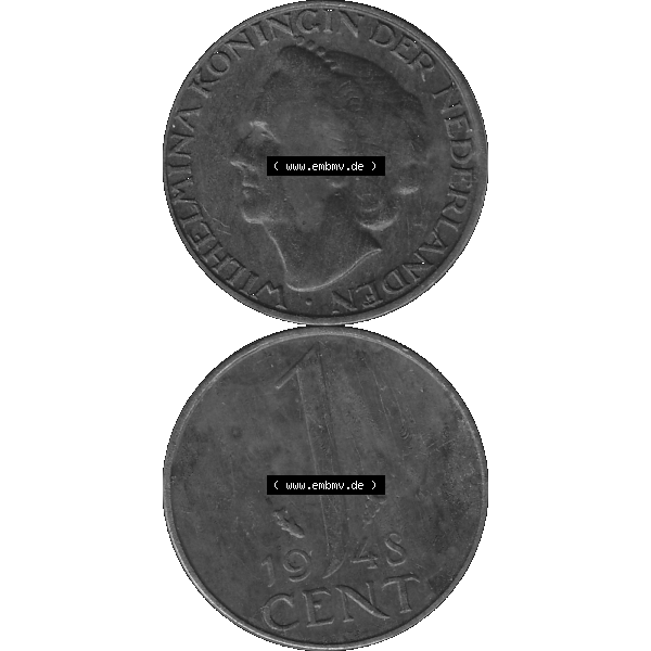 Grau bzw. s/w Alte Münze aus der Niederlande 1926-1950, in PNG digitalisiert 1948-1948, 1 Cent Königin Wilhelmina 1948-03. Vorderseite und Rückseite vertikal auf einen digitalen Bild... Sammlung Graustufen
