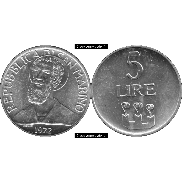 Grau bzw. s/w Bildmaterial Münzensatz / KMS 1972 aus San Marino in Graustufen 1972-1972, 5 Lire, 1972, LIRE MONASSI REPUBBLICA DI SAN MARINO Graustufen. PNG Computer-Grafik in Graustufen... Sammlung Graustufen