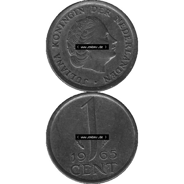 Grau bzw. s/w Alte Münze der Niederlande 1951-1975, in PNG digitalisiert 1950-1980, 1 Cent Königin Juliana 1965-01. Vorderseite und Rückseite vertikal auf einen digitalen Bild der alten... Sammlung Graustufen